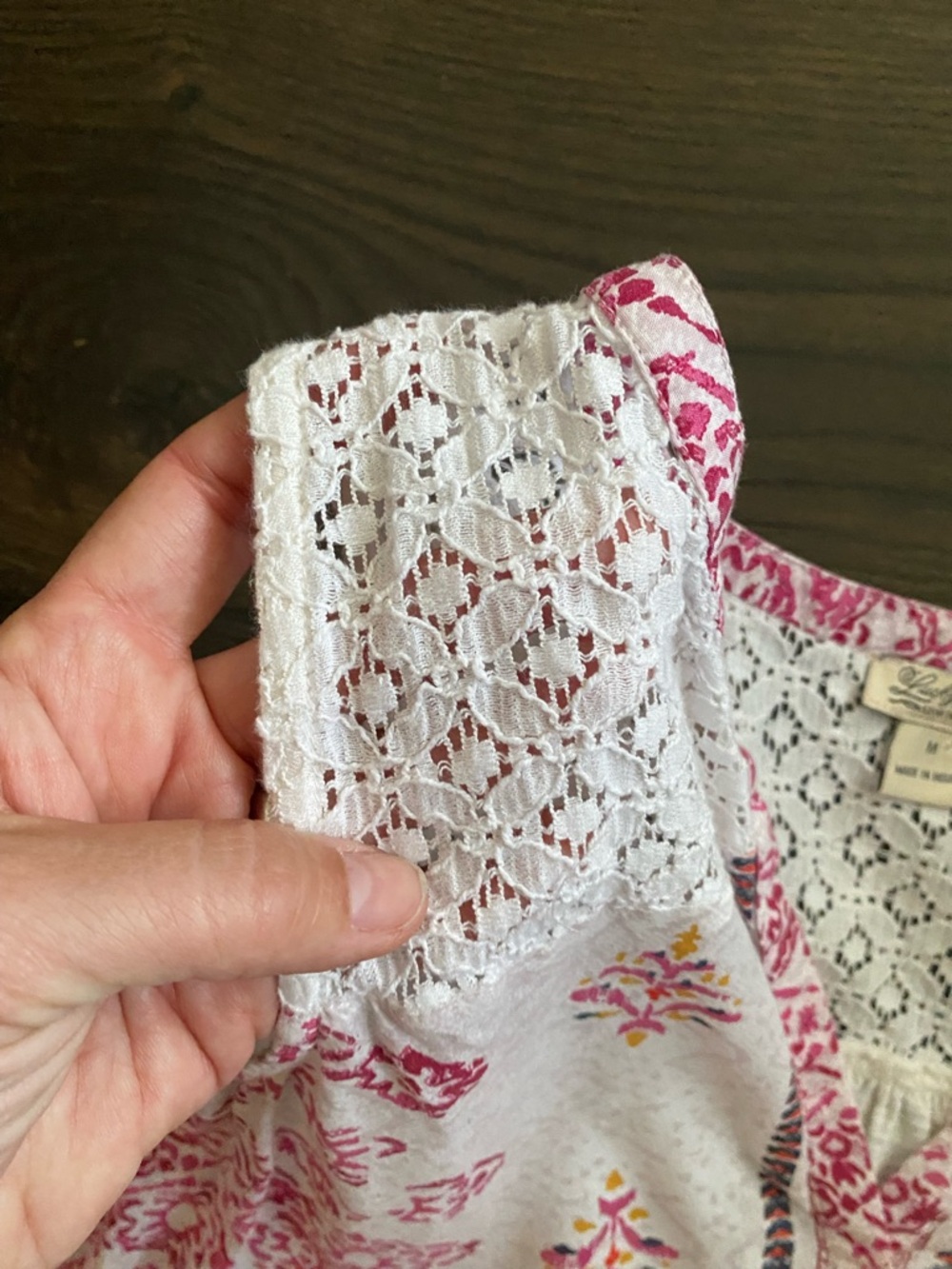 Lucky Brand Boho Paisley Lace Trim Sleeveless Tank Top Pink White Size M - Picture 6 of 7